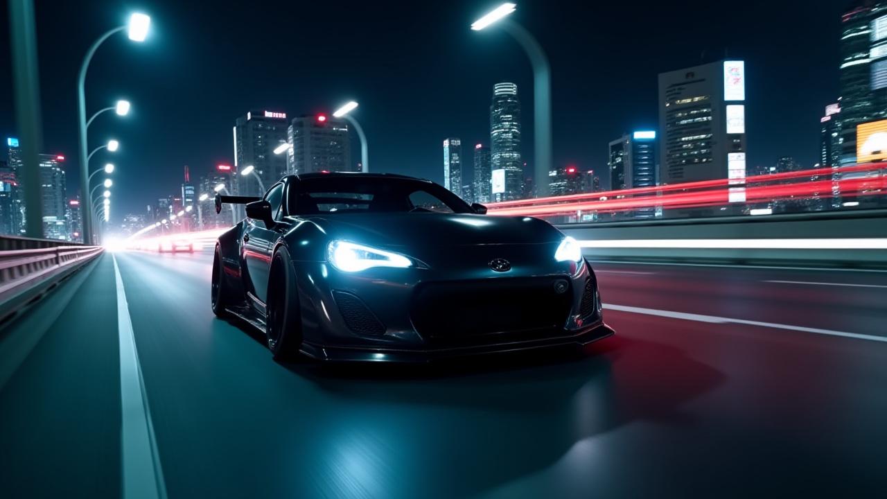 深夜の市街地を走る高架橋でのチューンナップカーの高速運転、ネオンサインと交通のぼかし